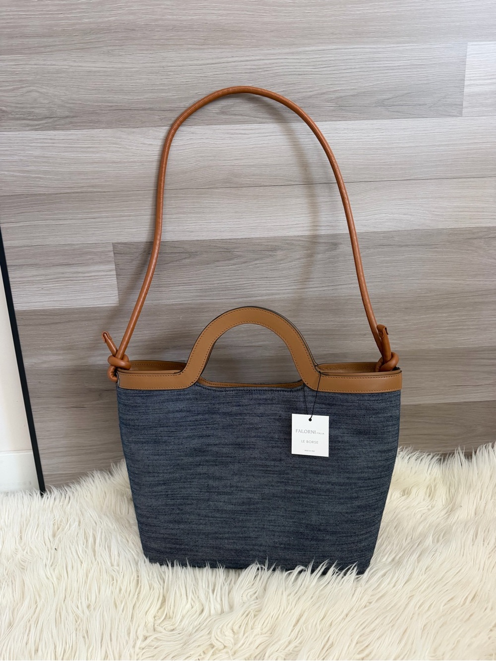 Falor FALORNI Italia Le Borse Denim and Tan Leather Tote Bag F3264 NWT